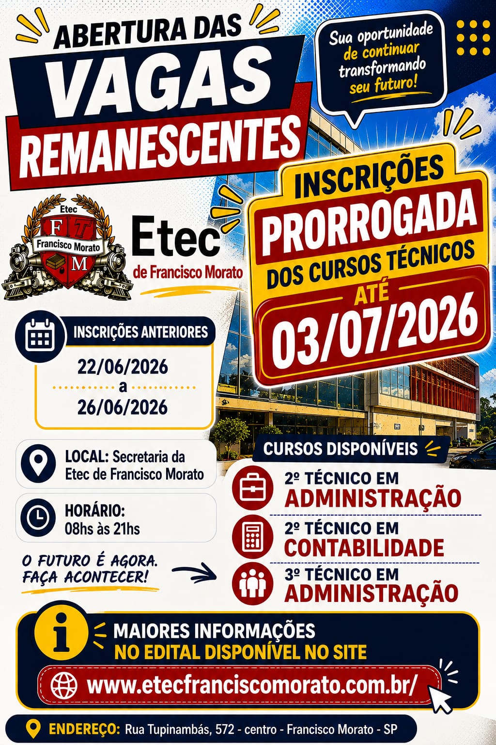 Vagas Remanescentes - Técnicos Noturno - PRORROGADAS